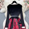 Casual Dresses Elegant Sexy Patchwork V-Neck Long Sleeve Belt Knit Dress Vintage Slim Autumn Winter Ceremonial A-Line Ball Gown