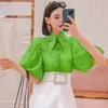 Women's Blouses 2024 Summer Ladies Diamond Polo Neck Irregular Shirts Ruched Puff Sleeve Elegant Single-Breasted White Tops