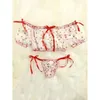 Fun Underwear Sexy Women's Red Ribbon Mesh Printing Perspective Underwear Set