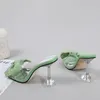 Slippers Size 34-46 Summer Party Fashion Green Rhinestone Bow Heels Sandals Women Square Open Toe PVC Transparent Shoes Slides