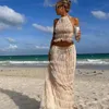 Sexy Halter Backless Crop Top Long Skirt Women 2 Piece Set Summer Fold Lace Up Beach Vacation Outfits Elegant White Suits 240422