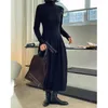 Casual Dresses Umi Mao Autumn Winter French Temperament High-Neck midja stickad klänning Elegant tunn bottenblommig knopp lång femme kvinnor