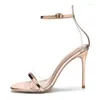 Klänningsskor SLIVER LÄDER PVC Summer Kvinnor Sandaler Ankel Strapy High Heels Big Size 33-45