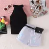 Clothing Sets Kid Girl Summer Clothes Set Sleeveless Rib Knit Halter Tops Holographic Shorts Belt 3Pcs Outfits