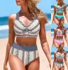 Set New Summer High Elastic Bikini Set Vintage Atmosphere Stripe Print Two Piece Tank Top Sexy Women's Beach Swimsuit S5XL