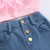 Girls Summer Clothing Outfit Sets Fashion Kid Children Pink Mouweless Feather Camisole denim broek met zakken 240426