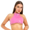 Bras Sets Womens Patent Leather Lingerie Nightclub Outfit O Ring Halter Backless Crop Top With Built-in Thongs Ruffle Miniskirt