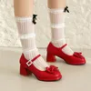 Sukienka buty 2024 Spring Women High Heels Pasek kostki Mary Jane Pumps Party Wedding Cosplay Red Black Bow Princess Lolita Rozmiar 43