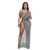 Casual Dresses 2024 Luxury Designer Young Sexy Club Open Diamonds Full Sleeve One Off Shoulder Women High Waist Long Spit Dress