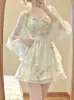 Francês Floral Floral Mini Dress Chiffon Manga longa Vestido de festa de noite férias praia boho fada vestido coreano Robes 240415
