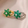 Anelli di nozze anelli floreali zirconi verdi per donne in acciaio inossidabile oro design a doppio anello di design per le donne accessori regalo di compleanno