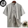 Ethnische Kleidung traditionelle chinesische Herrenhemd Retro lässige Leinen kurzärmeliger Tanganzug Tai Chi Martial Arts Tops Sommerkleidung