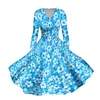 Casual Dresses Elegant Fashion Chic Dress for Women Long Sleeve V Neck Floral Print Vestidos Ladies Waist Robe Femme 2024