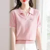 Kadın Polos Polo Gömlek Örme Düz Bol Pembe Kadın Tee Koreli Giyim Tişörtleri Polyester Moda 2024 Giysiler Y2K