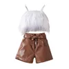 Sommermädchenkleidung Sets Kinder Plüsch Hosentender Tops mit PU -Lederbögen Gürtshorts 2pcs Mode Kinder lässige Outfits Z7922