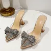 Liyke Fashion Crystal Sequined Bowknot Women Pumps Sexiga spetsiga tå höga klackar bröllop prom skor damer pvc transparenta sandaler 240422