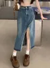 Rokken chique gesplitste hoge taille A-gevoerde midi lengte denim rok Koreaans ontwerp streetwear onregelmatige faldas vrouwen voorjaar herfst vintage saia