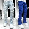 High Street White Mens staplade jeans Sträckt lapptäcke Tassel skadade denim i full längd byxor Hippop byxor för hane 240425