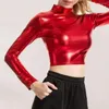 Women's Blouses Women Club Top Solid Color Half-high Collar Glossy Surface Waist-exposed Pullover Lady Pole Dance Performance Party Crop