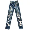 Sommer Mode Y2K Retro Ripped Loch Jeans Frauen drucken hohe Taille dünne gestapelte Blue Denimhose Streetwear Elastichose 240426