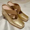 Klänningskor 2024 Summer Women's äkta lädermulor Elastiskt band Cross Strap Wedge Slip-On Pumpar Elegant Ladies Gold Silver Heels Shoe