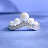 Anelli a grappolo Springlady 925 Sterling Silver Lettera a V-Shape Crown Pearl Ring per Wedding Party Engagement Regali di gioielli