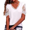 Women's Blouses V-Neck Women T-shirt Lace Hollow Stitching Petal Short Sleeve Casual Loose Solid Color Tops Daily Clothing