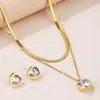 Collier Boucles d'oreilles Set 3 pièces pour femmes en acier inoxydable Cœur Zircon Double Stud Christmas Halloween Day Party Date Gift