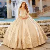 Flare Quinceanera Prinzessin Langarm Kleider Spitze und Satin Champagner Prom Ball Kleid Kristall Perlenboden bodenlange süße 15 Kleid für Mädchen