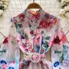 Vestidos casuais vestidos de mujer stand lantern manga floral impressão dobras vestido para mulheres árvores comestíveis