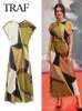 TRAF 2024 Summer Woman Fashion Vinatge Green Printed Long Dress A Line Sleeveless X Shape Midi Dresses For Indie Folk Style 240422