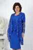 Blauwe kanten moeder van de bruid jurken met lange mouwen jas bruiloft gast jurk thee lengte plus size size jurken