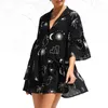 Casual Dresses Women's Black Dress 2024Moon Sun Print V-neck Tiered Ruffle Cotton And Linen Sexy A-line Party Club Vestidos For Women