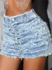 Kvinnors badkläder sexig metall strass glid denim shorts 2 bit set strandkläder bikinis set kvinnor sommar glänsande bikini y2k party kort