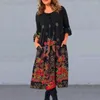 Casual Dresses Soft Dress Ethnic Print A-line Midi With Long Sleeve High Waist For Fall Spring Women's Retro Style Women Round Neck