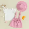 Kledingsets Blotona Little Girls Summer 3-delige outfits Vliegende mouw Crewneck Tops Bow Decorated Suspender Rok Hoed Set 6 maanden