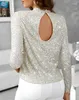 Women's T Shirts Clothing 2024 Säljer Fashion Elegance Luxury Sexig ihålig back Women Mock Neck Design Allover Sequin Decoration Top