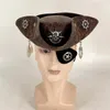 Berets Männer Schädel Feder Leder Piratenhut Gothic Destressed Vintage Wrinkle Tricorn mit einer Augenmaske