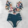 Hög midja Ruffled Sexig bikini -uppsättning 2023 Flounce Biquini badkläder Kvinnor Två stycken Swimsuit Floral Beachwear Vneck Bathing Suit 240420