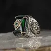 Wedding Rings Vintage Turkse zegelring voor mannen Vrouwen antieke zilveren kleur gesneden adelaarsring ingelegde groene zirkoon locomotief punk ringen