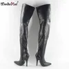 Boots Wonderheel Summer Femmes 12cm High talons noirs cuir PU pointu pointu coute coupe cuisse de moto chaussures femme rainboot
