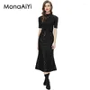 Arbeitskleider Monaaiyi Runway Fashion Designer Frauen schwarzer runder Kragen Kurzarm Stick Tops Pailletten Midi Rock 2pcs Set 2024 Est