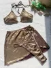 Dames badmode vrouwen metallic gouden halter bikini's sets drie stukken met gesplitste mini rok holle zwempak badpak strand outfits