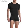 Men pijamas Rompers Solid V Neck Zipper Fitness Manga curta de manga aconchegante Playsiits Leisure Leissuit Sleepwear Incerun 7 240428