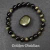 Strand Natural Golden Obsidian Stone Beads Bracelet Men Women Light Rainbow Raw Round Bead Energy Jewelry