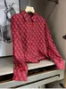 Fashion Rabbit Print Red Silk Shirt Women Long sleeved Lapel Neck Designer Blouses Casual Office Slim Ladies Button Down Runway Tops Clothing Spring Summer 2024