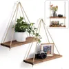 1PC Wooden Swing Hanging Hemp Rope Wall Shelve Mounted Floating Home Living Room Plant Flower Pot Tray Storage Garden Decoration 240513