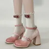 Chaussures habillées en cuir breveté talons hauts pompes femmes 2024 bretelles de cheville d'automne rose lolita femme mignonne à talon épais Mary Janes