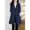 Damesjassen Britse stijl lange trench jassen klassieke dubbele borsten windendaar elegante dames losse overjassen Koreaanse mode blauw