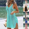 Summer Cutout Beach Tank Top Sexy Bikini Outer Cover Up For Ladies Sleeveless V-Neck Mid Length Dress Knitted